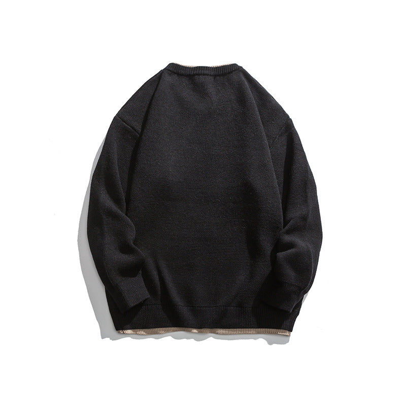 Embroidered Faux Two-Piece Design Round Neck Loose Unisex Pullover Sweater