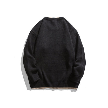 Embroidered Faux Two-Piece Design Round Neck Loose Unisex Pullover Sweater