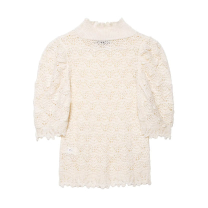 Half high neck bubble sleeve head knitted sweater for women