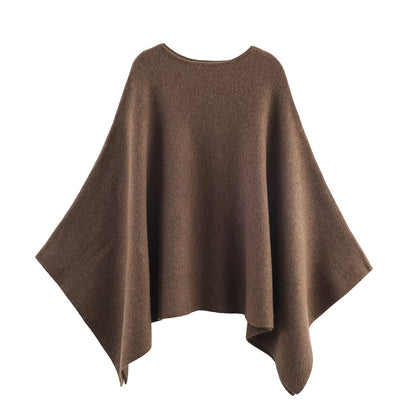 Temperament Round Neck Cloak Long Sleeve Solid Color Knitted Shirt for Women