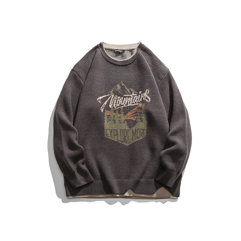 Embroidered Faux Two-Piece Design Round Neck Loose Unisex Pullover Sweater