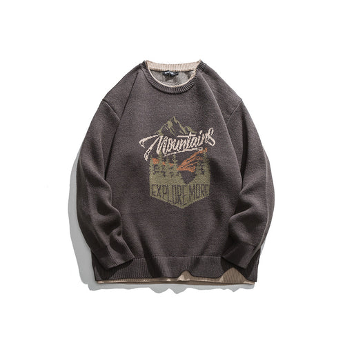 Embroidered Faux Two-Piece Design Round Neck Loose Unisex Pullover Sweater