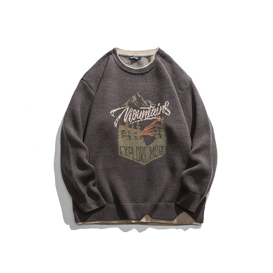 Embroidered Faux Two-Piece Design Round Neck Loose Unisex Pullover Sweater