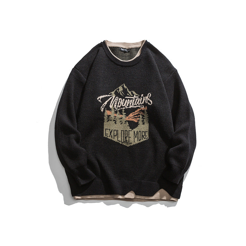 Embroidered Faux Two-Piece Design Round Neck Loose Unisex Pullover Sweater