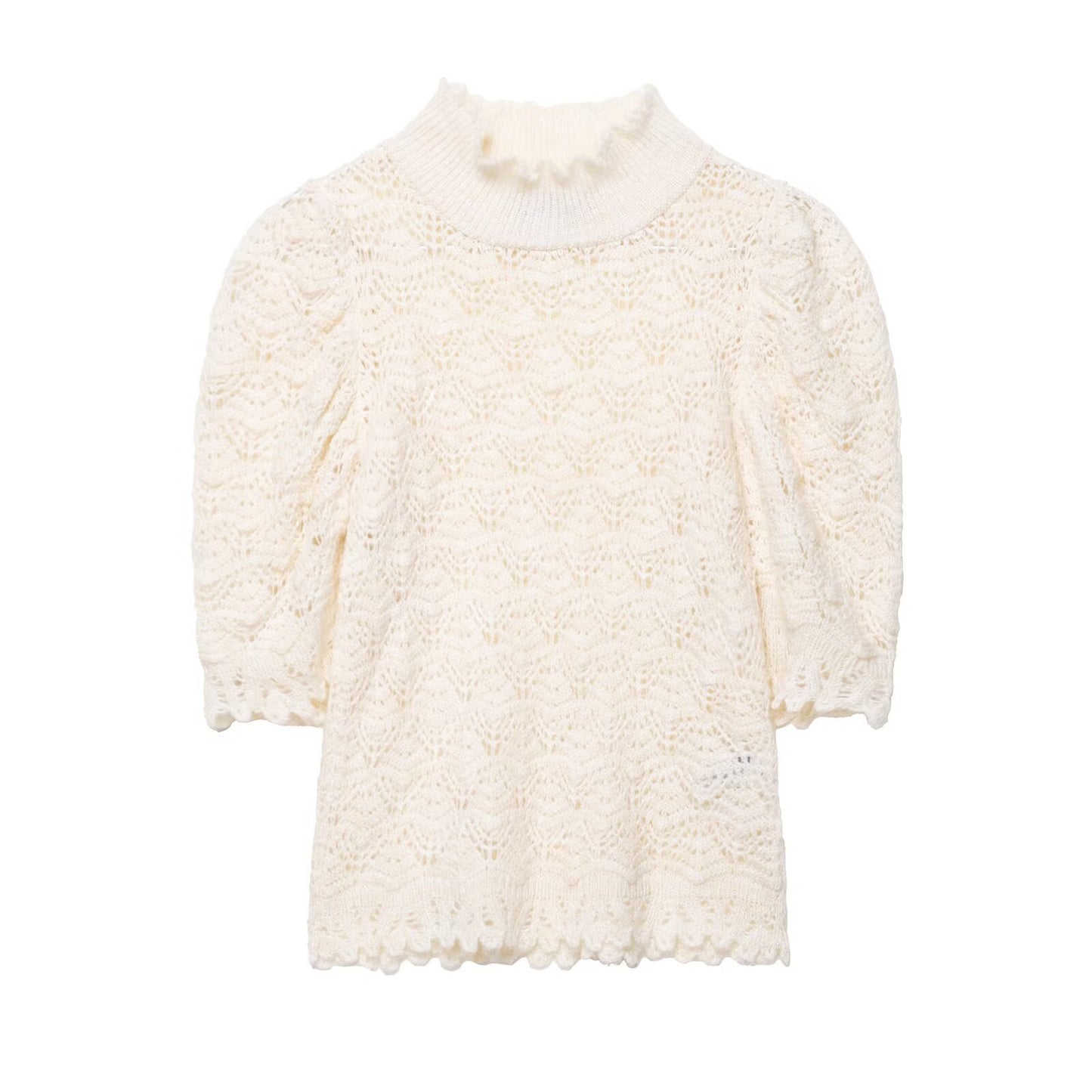 Half high neck bubble sleeve head knitted sweater for women