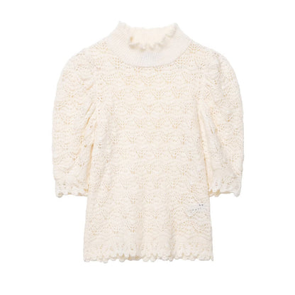 Half high neck bubble sleeve head knitted sweater for women