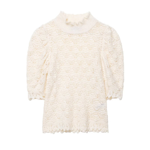 Half high neck bubble sleeve head knitted sweater for women