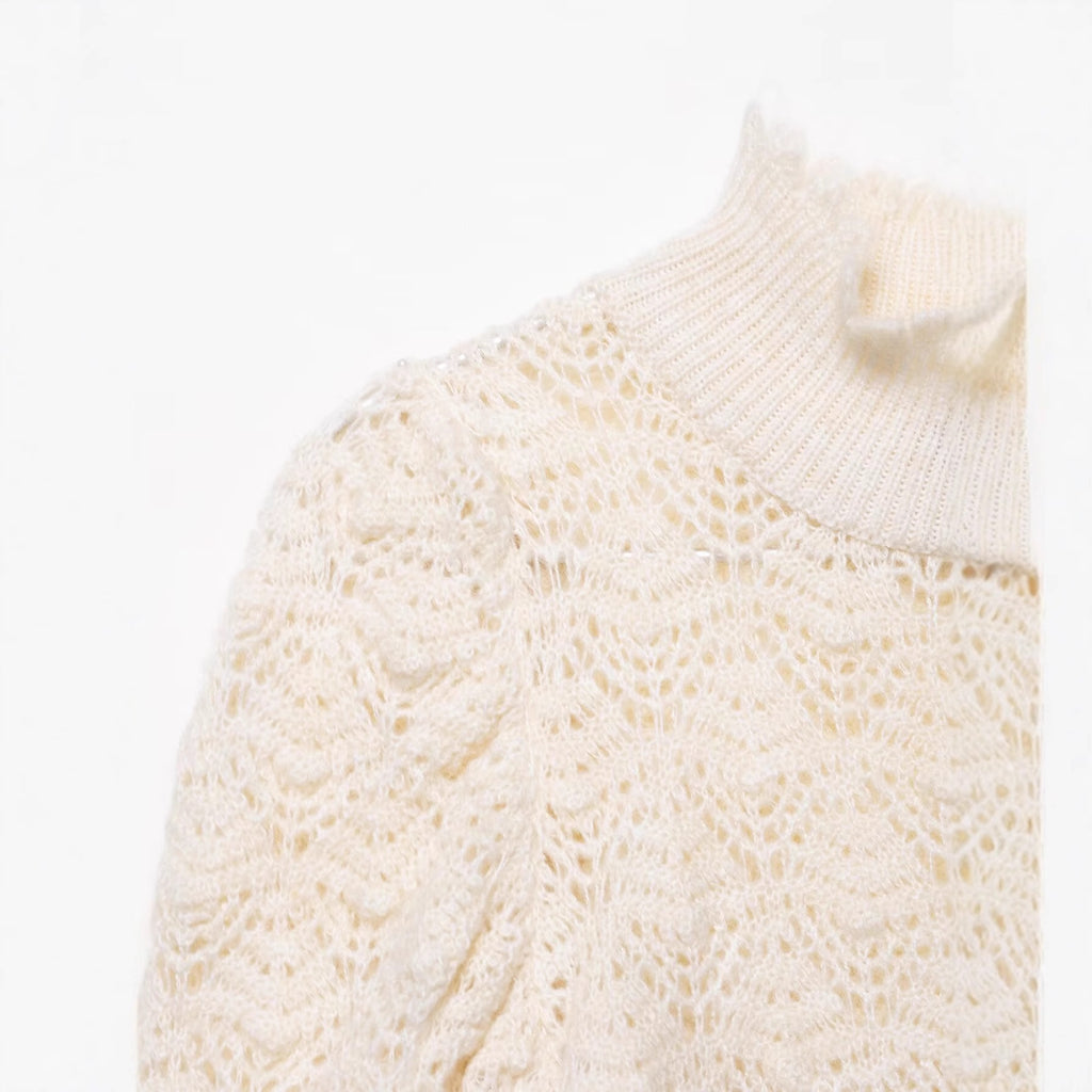 Half high neck bubble sleeve head knitted sweater for women