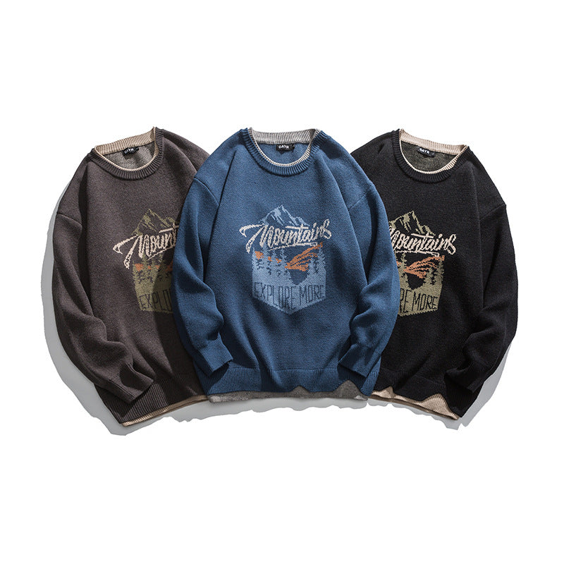 Embroidered Faux Two-Piece Design Round Neck Loose Unisex Pullover Sweater