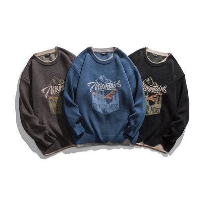 Embroidered Faux Two-Piece Design Round Neck Loose Unisex Pullover Sweater