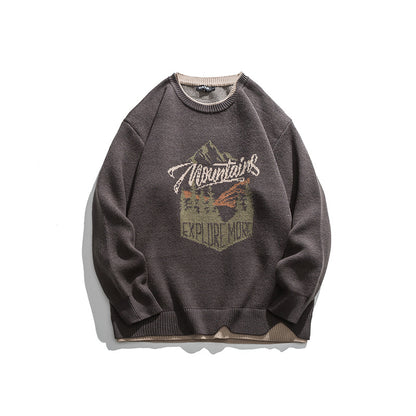 Embroidered Faux Two-Piece Design Round Neck Loose Unisex Pullover Sweater