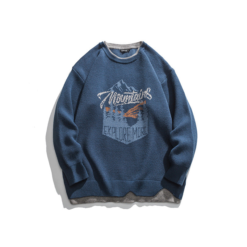 Embroidered Faux Two-Piece Design Round Neck Loose Unisex Pullover Sweater