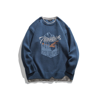 Embroidered Faux Two-Piece Design Round Neck Loose Unisex Pullover Sweater