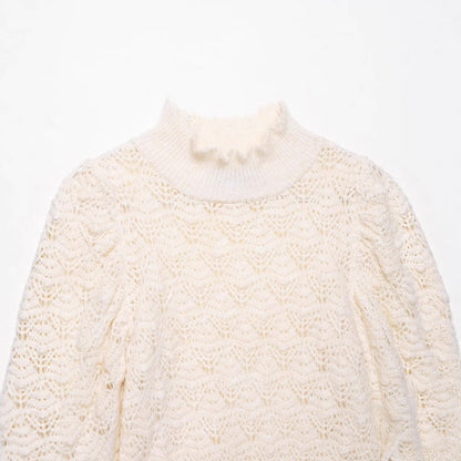 Half high neck bubble sleeve head knitted sweater for women